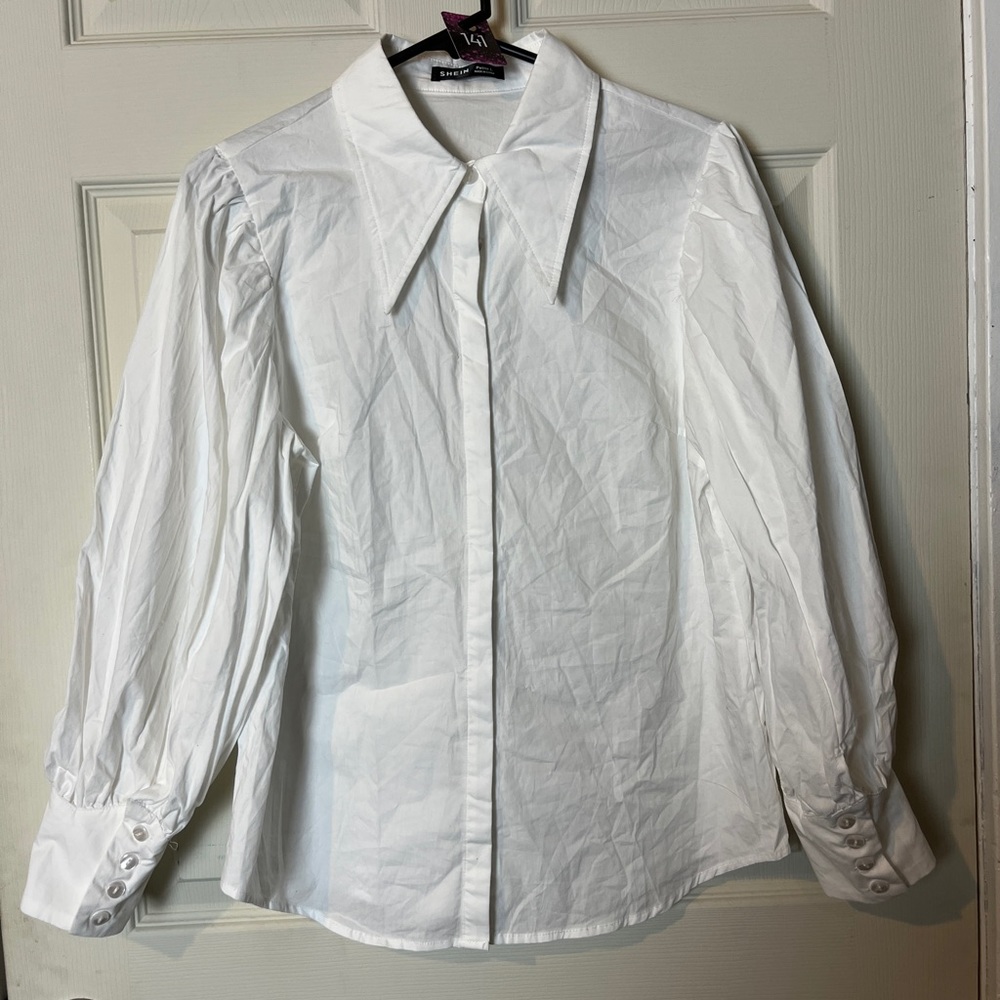141. SHEIN petite Large whit button up blouse with button on sleeve